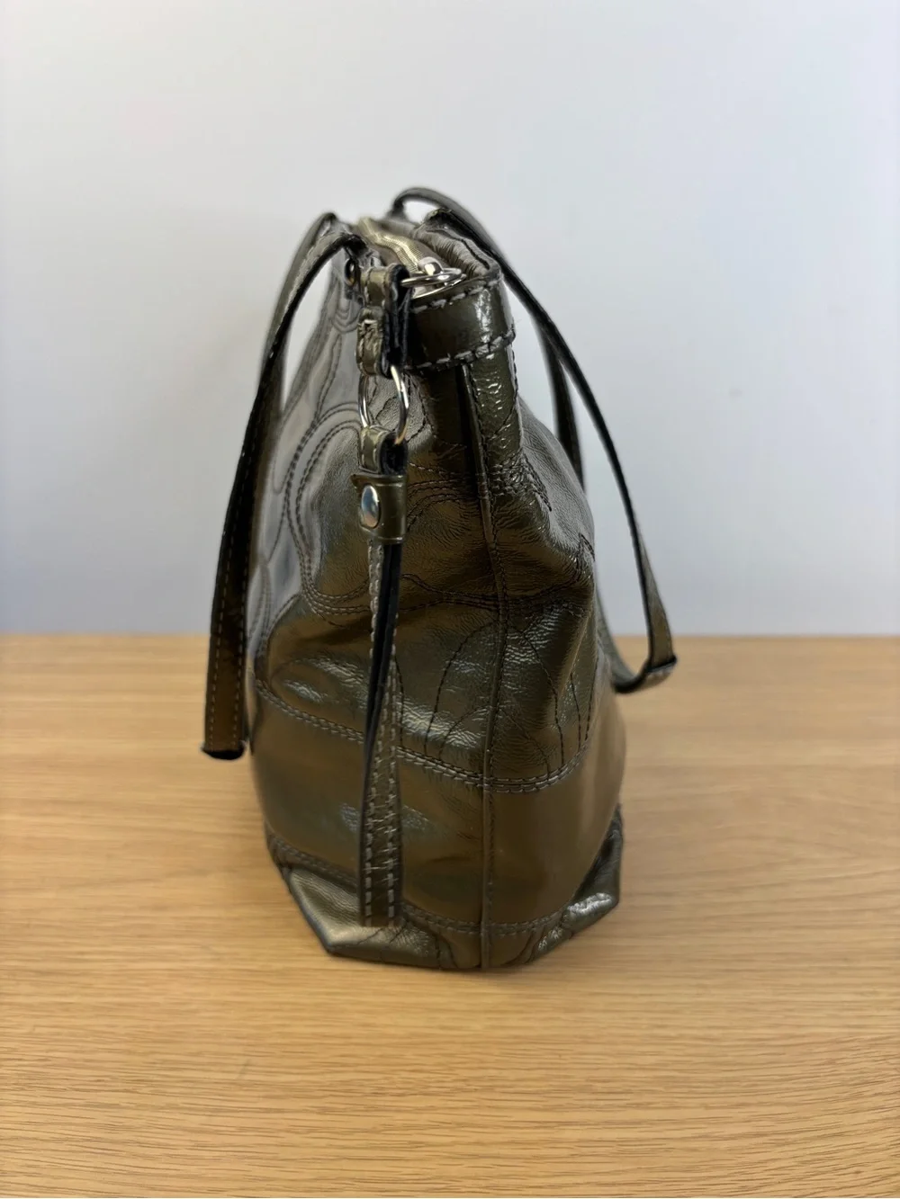 Coach‎ Signature Stripe Stitched Patent Leather Tote Olive Green 15142